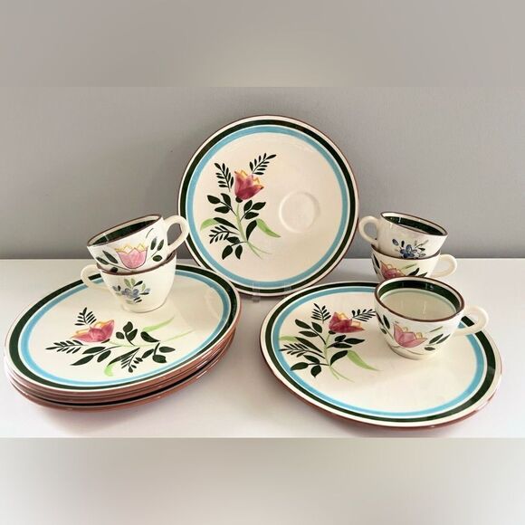 8-pc Stangl Pottery 10” Plate and Cup Country Garden Tulip 4 Sets Vintage - Picture 1 of 10